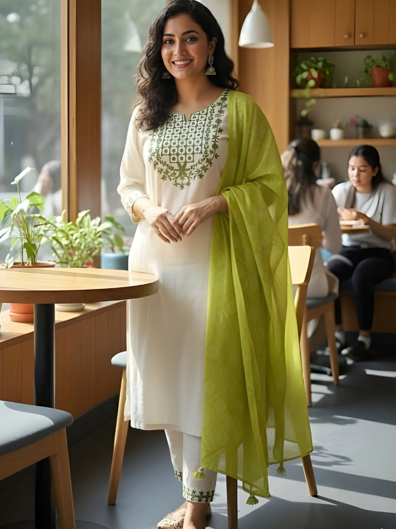 Women’s Rayon Slub Kurta Pant Set with Chanderi Digital Print Dupatta | 3-Piece Ethnic Wear