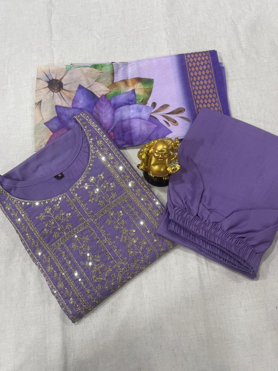 Women's Embroidered Rayon Slub 3-Piece Kurta Set.