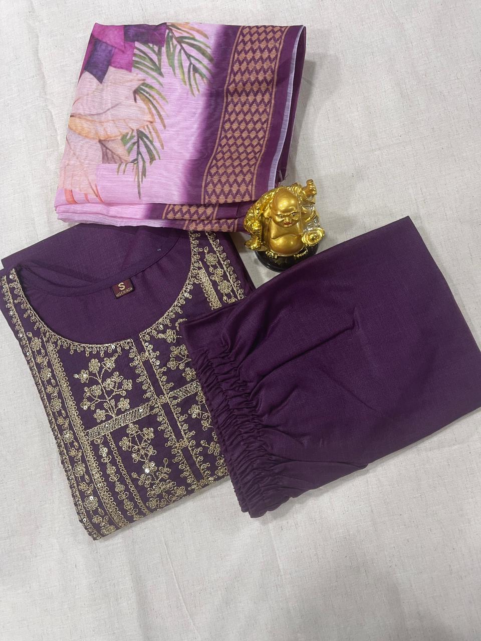Women's Embroidered Rayon Slub 3-Piece Kurta Set.