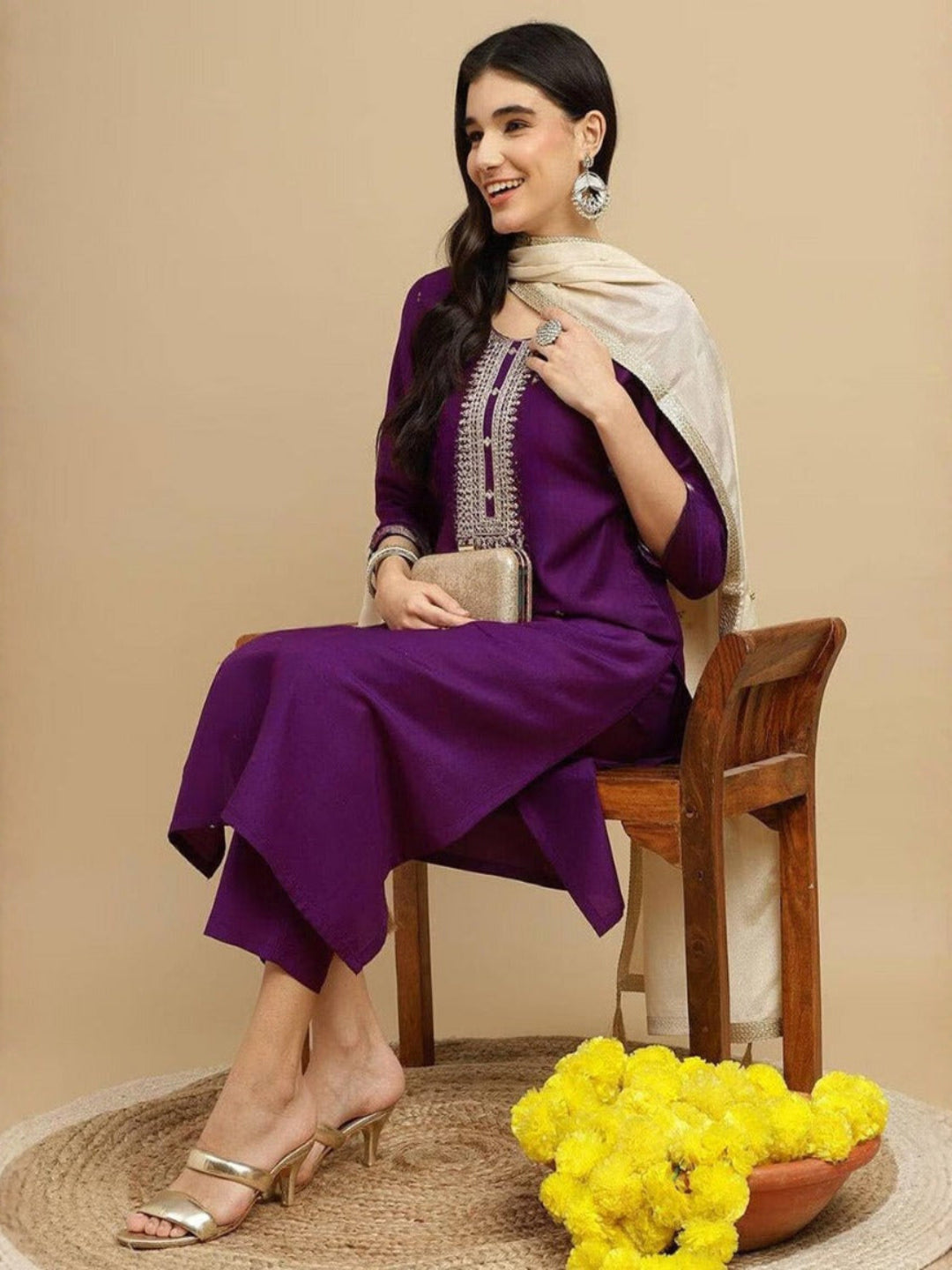 Women's Embroidered Rayon Slub Kurta Set