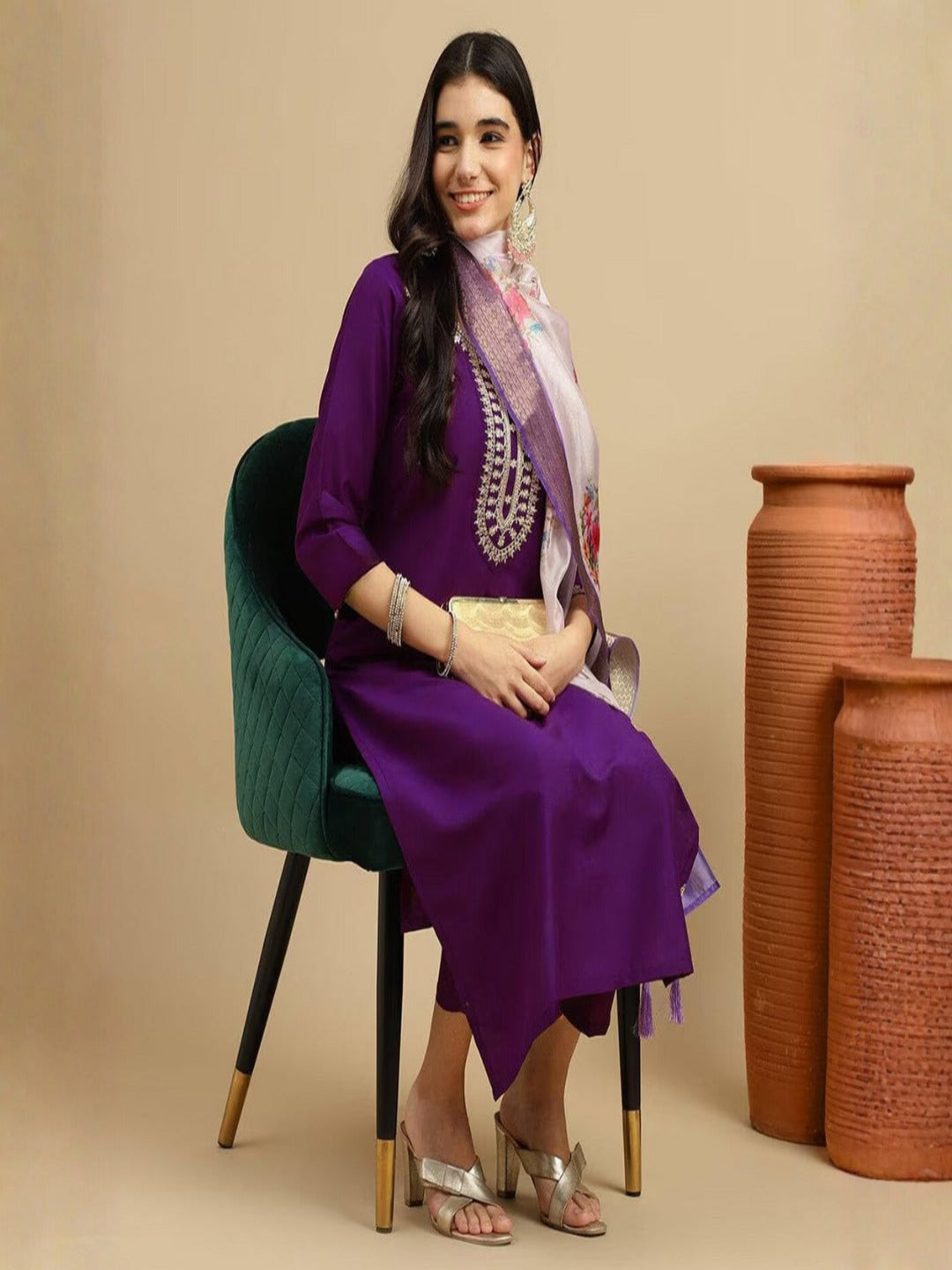 Women's Embroidered Rayon Slub Kurta Set