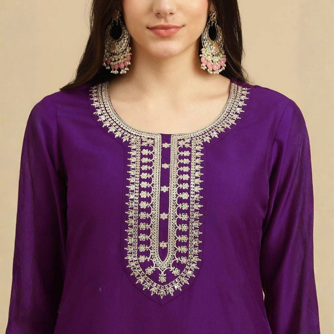 Women's Embroidered Rayon Slub Kurta Set