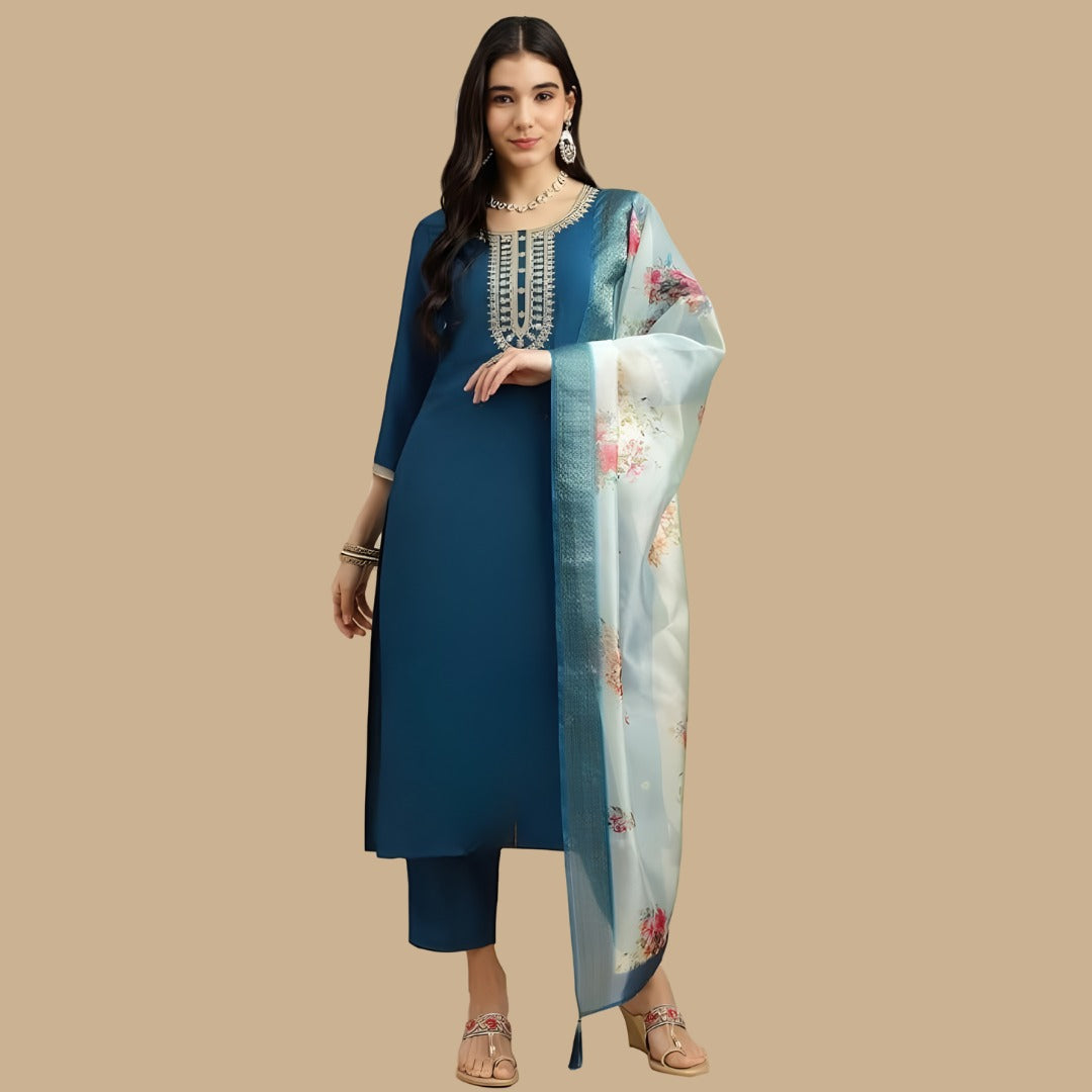 Women's Embroidered Rayon Slub Kurta Set