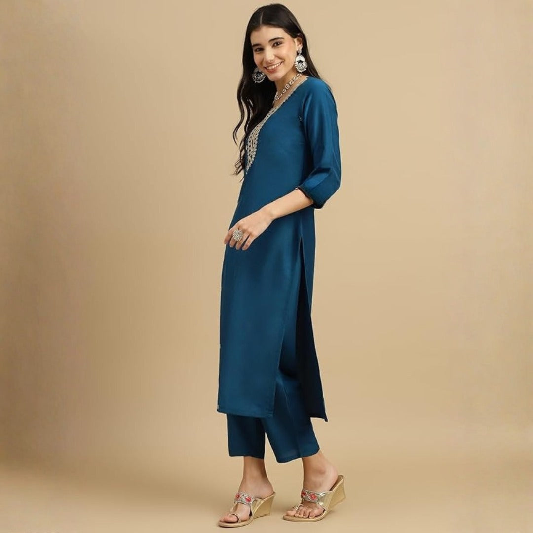 Women's Embroidered Rayon Slub Kurta Set