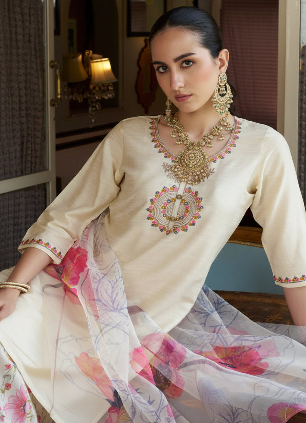 Women Silk Blend Kurta Pant Dupatta Set