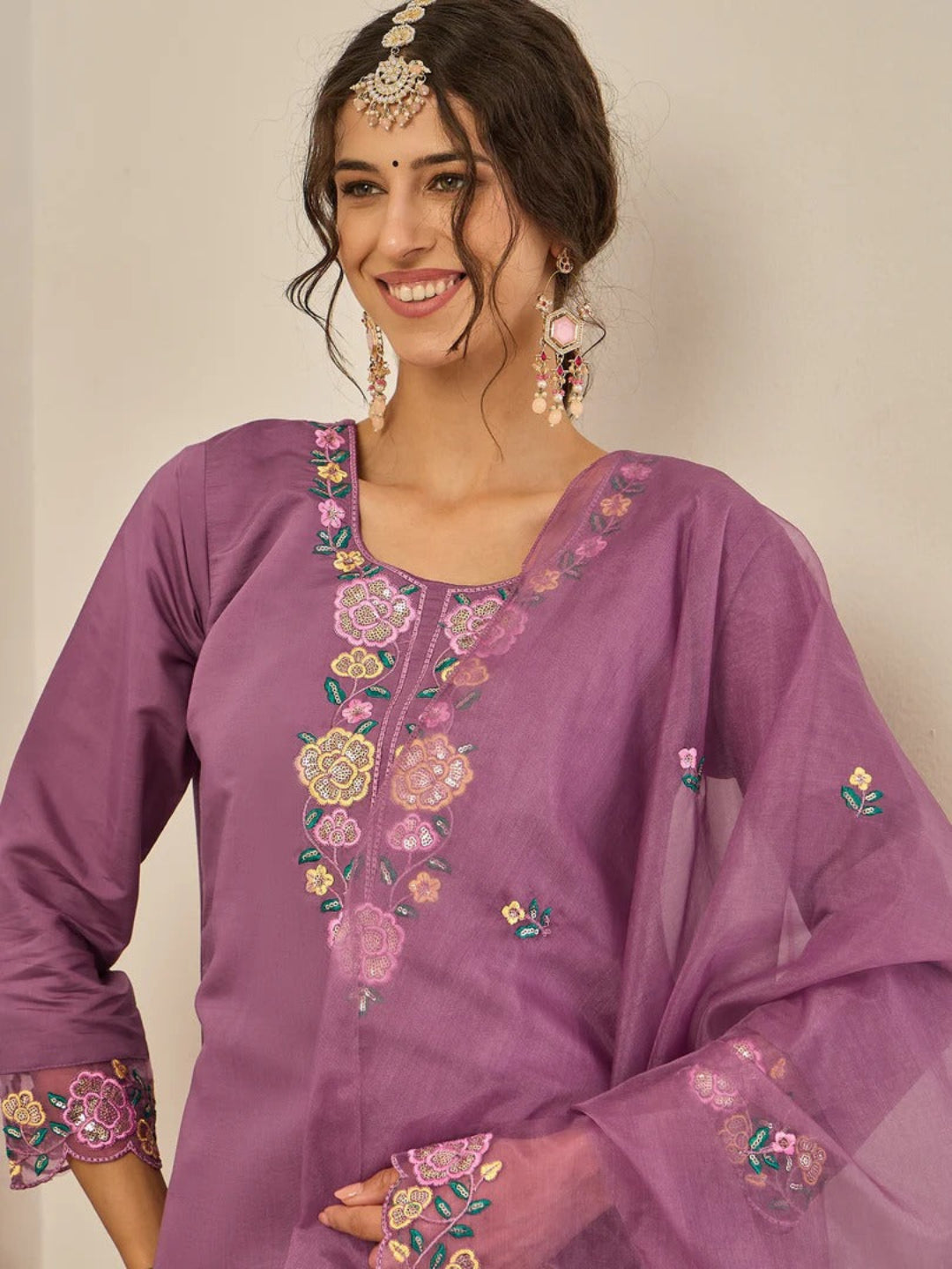Women's Embroidered Viscose Roman Silk Kurta Pant Set