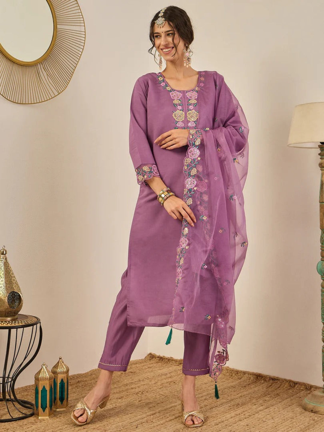 Women's Embroidered Viscose Roman Silk Kurta Pant Set