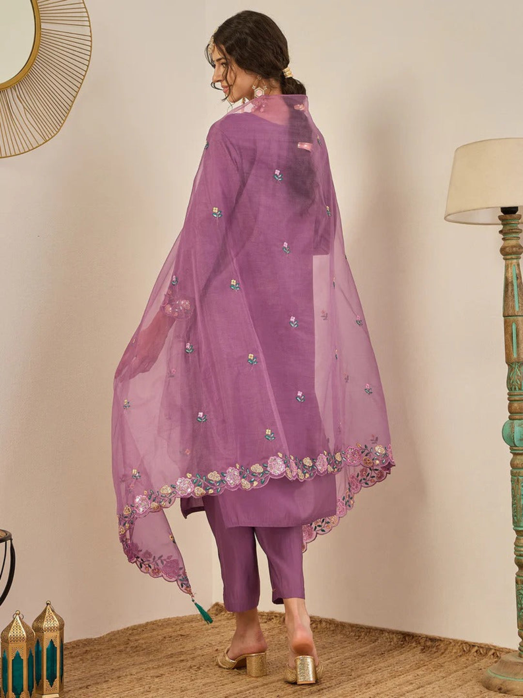 Women's Embroidered Viscose Roman Silk Kurta Pant Set