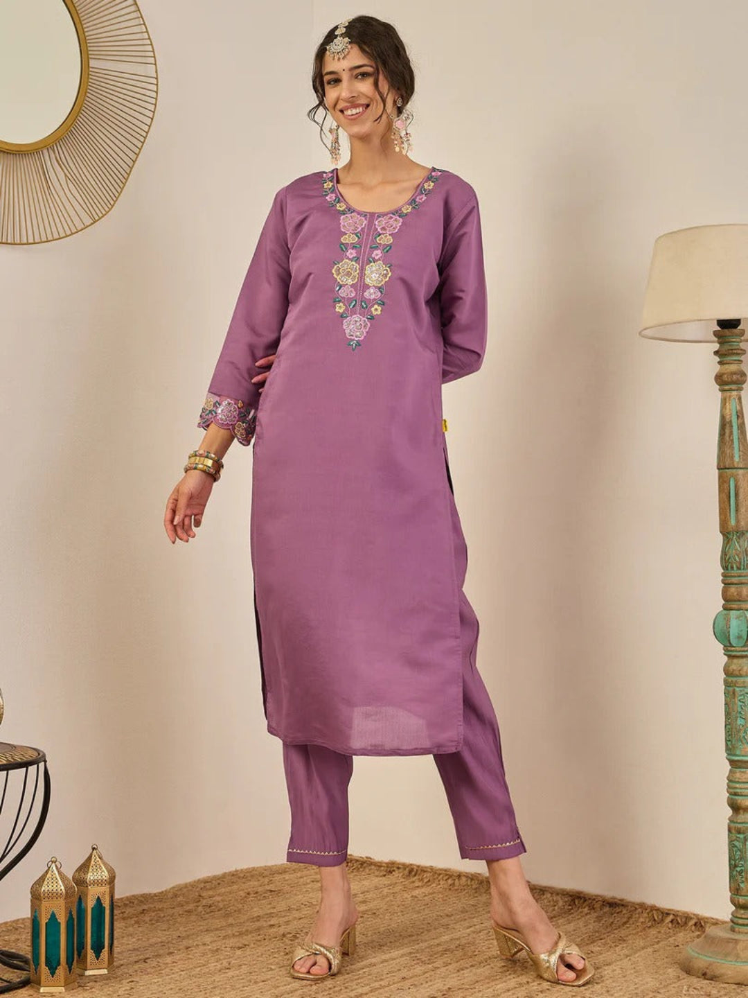 Women's Embroidered Viscose Roman Silk Kurta Pant Set