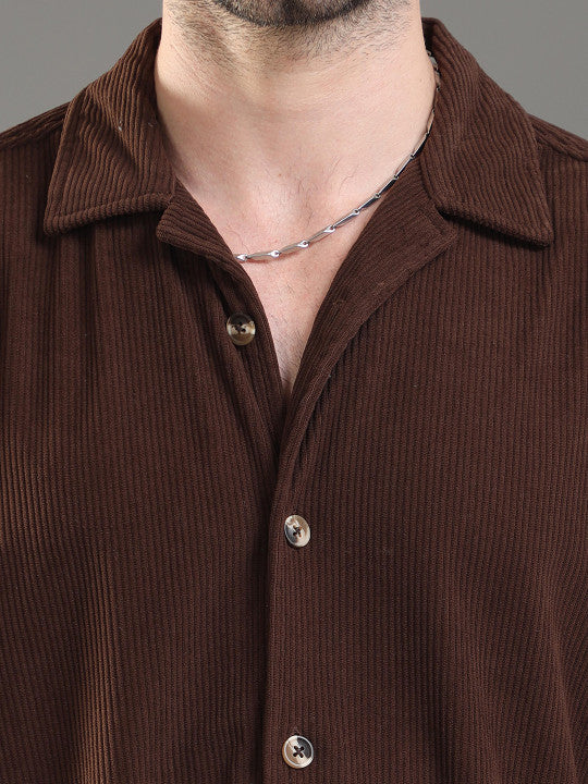 EARTHY TEXTURE | Brown Ribbed Cuban Collar Shirt