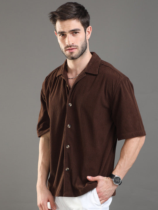 EARTHY TEXTURE | Brown Ribbed Cuban Collar Shirt