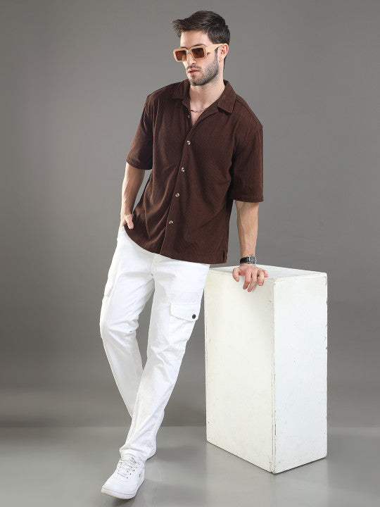 EARTHY TEXTURE | Brown Ribbed Cuban Collar Shirt